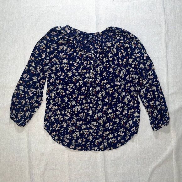 Chaps | Navy Floral Long Sleeve Peasant Top | Medium - Picture 1 of 6